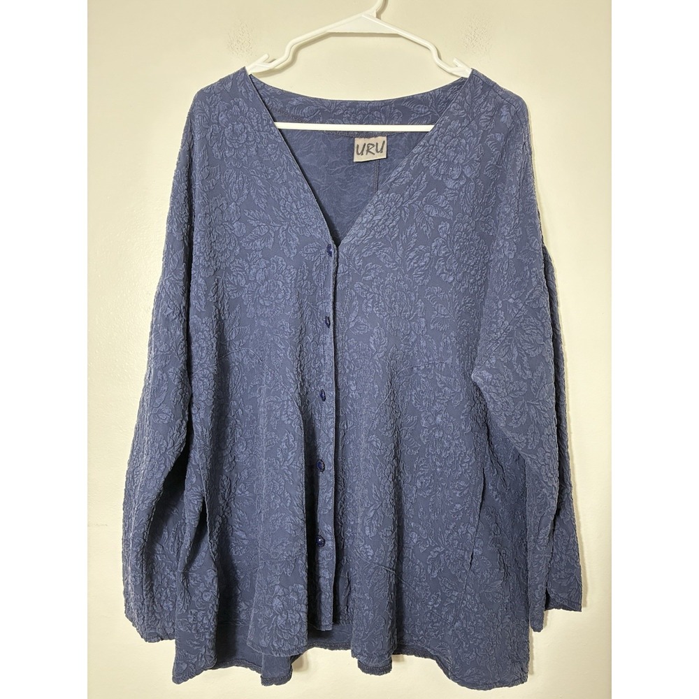 URU Button Up 100% Silk Blouse Sz Large Navy Blue Textured Lagenlook